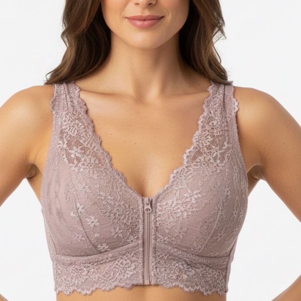 Bralette Lace Trim Front Zip Size Large
